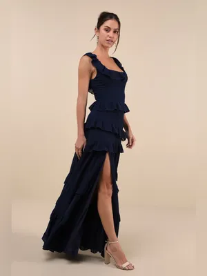 LULU’S Compelling Romantic Dark Blue Ruffled Tiered Maxi Dress thumbnail 4