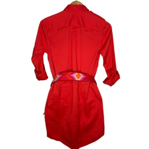 Bebe Belted Shirt Dress Womens Small Red Utility Mini Roll Tab Sleeve‎ Vibrant thumbnail 2