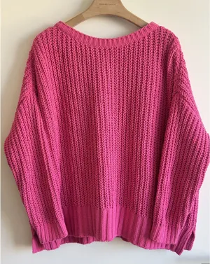 American Eagle Oversized Chenille Crewneck Sweater Hot Pink Chunky Knit Size M thumbnail 1