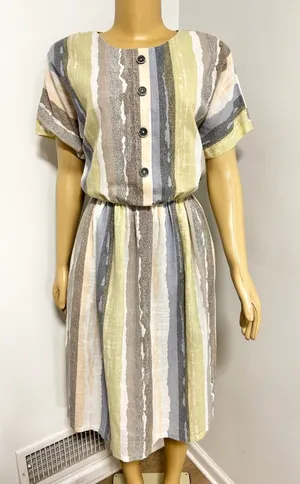 Vintage Style Abstract Stripe Midi Dress Short Sleeve Elastic Waist Earth Tones thumbnail 1
