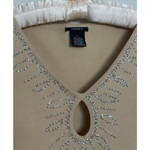 Vintage Silk Keyhole Stretch Knit Rhinestone Y2K Tank Top Beige Silver Boho Chic thumbnail 5