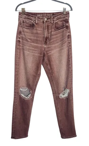 American Eagle Burgundy Pink Dyed Distressed Jeans Size 8 Long thumbnail 1