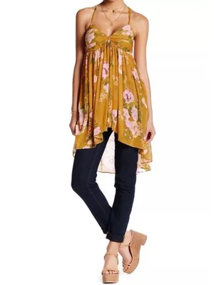 Free People Boho Mirage Yellow Floral Print Hi-Low Tunic Top S thumbnail 4