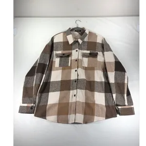 Womens XL Brown Cream Plaid Flannel Shacket Oversized Button Down Shirt thumbnail 2