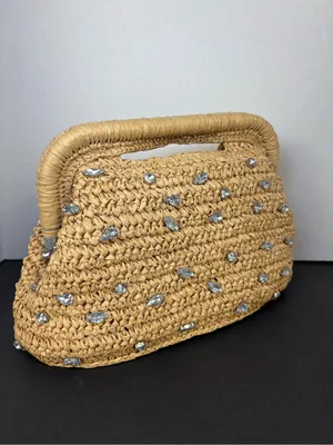 Kelly & Katie Straw Clutch Bag in Natural with crystal embellishments thumbnail 3