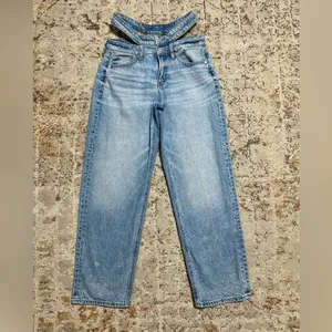 American Eagle Strigid Super Hi rise Baggy Straight Jeans 4 short cut out double waist thumbnail 12