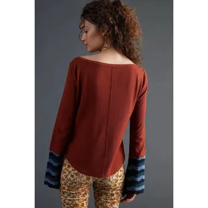 Anthropologie PILCRO Crochet Cuffed Thermal Top Cedar Pullover Stripes Small thumbnail 8