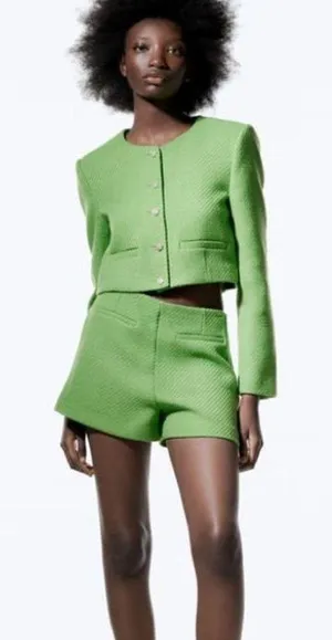 Zara Tweed Weave Structured High Waist Shorts Green Size S New thumbnail 1