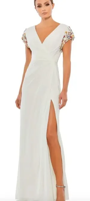 Mac Duggal 55709 Embellished Sleeve Jersey Wrap Gown White Size 4 thumbnail 1