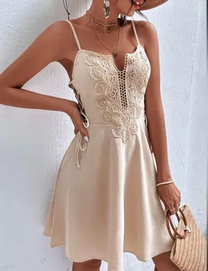 NWOT Lace Up Side Contrast Guipure Lace Cami Dress - Cream - L thumbnail 5