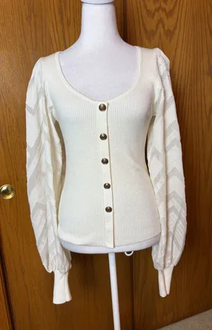 Flying Tomato Cream Ribbed Knit Top Gold Crest Buttons Lace Balloon Sleeve M thumbnail 1