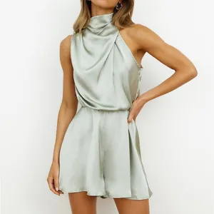 NWT Hello Molly On A Drive Sage High Neck Back Cut Out Satin Romper Playsuit L thumbnail 2