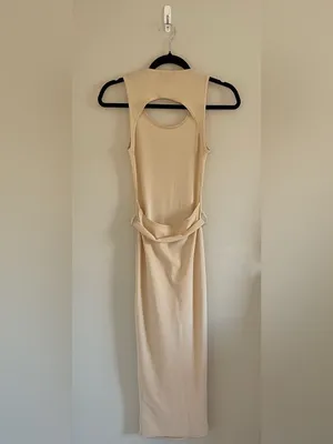 PrettyLittleThing Ribbed Open Back Waist Tie Midi Dress, Cream, Size 2, EUC thumbnail 4