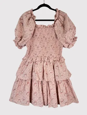 Hyacinth House Womens Dress Beige Mini Floral Smocked Ruffle Puffed A Line Large thumbnail 1