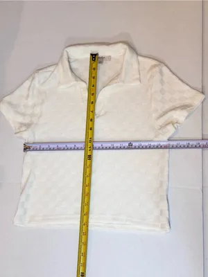 Ivory Checkerboard Knit Polo Top M Textured Johnny Collar Preppy Cropped Tennis thumbnail 10