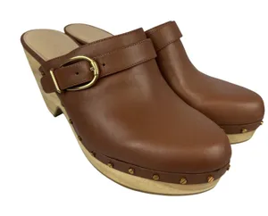 Veronica Beard Hendrix Brown Leather Platform Clogs 10.5 Wooden Block Heel Mules thumbnail 1