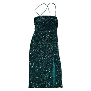 Lulus Sequin Dress Sz XS Lace Up‎ Side Slit Emerald Green Sparkle thumbnail 2