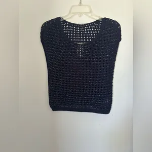 NWT Kiind Of Charlotte Metallic Crochet Knit Tank Top Navy Cotton Small thumbnail 9