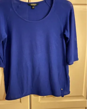 LAUREN Ralph Lauren Womens Blue Textured Knit 3/4 Sleeve Top‎ M thumbnail 1