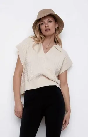Sz S Fabulous Cap Sleeve Cropped Sweater / Vest Lovely Textured Cream Knit thumbnail 1