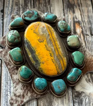 Handcrafted Pendant only - Bumblebee Jasper with Turquoise Large Size at 4” x 3” thumbnail 1