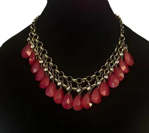 Bronze tone cranberry teardrop dangle statement necklace Red thumbnail 1