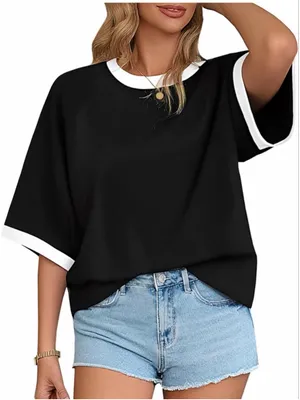 NEW LilyCoco Ringer Tee Casual Oversized Raglan Short Sleeve Shirt L thumbnail 1