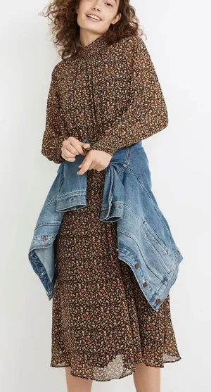 MADEWELL (Re)sourced Georgette Smocked-Neck Midi Dress‎ Folktale Paisley Black M thumbnail 1