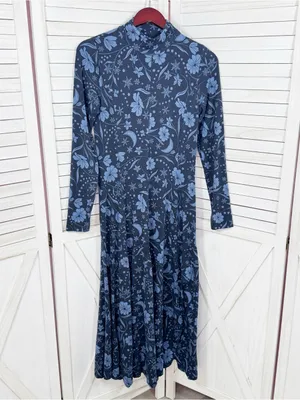 Loft Floral Snowflake Mock Neck Long Sleeve Maxi Dress Blue XS Winter Chic Boho thumbnail 8