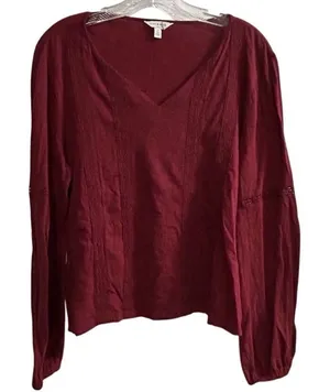 Lucky Brand‎ Women's V-Neck Long Sleeve Blouse Red Size S Casual thumbnail 1