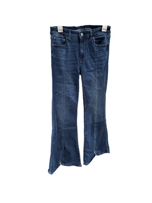 American Eagle Festival Flare Jeans 70s Boho Front Seam Slit Hem Dark Wash 8 thumbnail 2