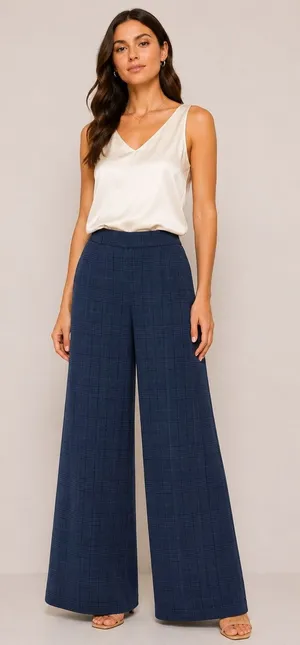 Old Navy High Rise Wide Leg Plaid Pants L Tall Women Navy Elastic Waist Office thumbnail 1