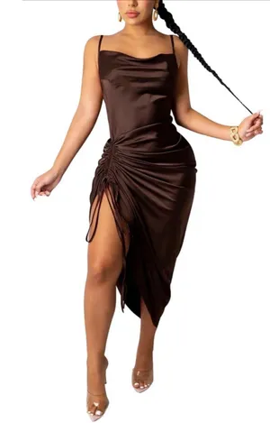 NEW Spaghetti Strap Satin Drawstring Ruched Split Hem Cocktail Dress XL thumbnail 1