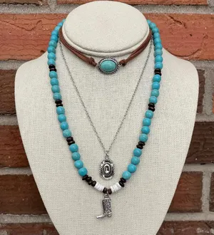 Cowboy Hat and Boot Necklace Set with Turquoise & Wood thumbnail 1