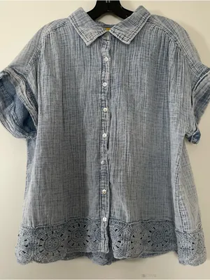 Cotton Gauze Button Up Top Womens 1X Lightweight Boho Crochet Hem Cottagecore thumbnail 1