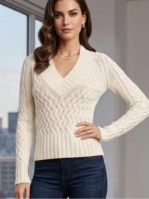 Banana Republic White Cable Knit V-Neck Sweater thumbnail 1