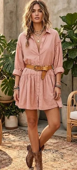 Free People Peach Button Down Long Sleeve Babydoll Mini Dress Oversized Womens S thumbnail 1