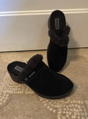 Crocs black suede faux lined cobbler mule thumbnail 1