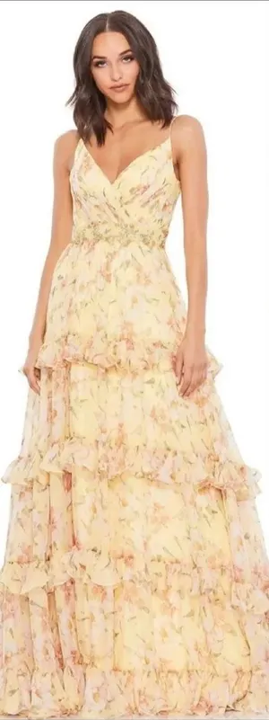 NWT Mac Duggal 67794 Yellow Tiered Floral Chiffon Gown Size 2 thumbnail 1
