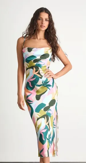 NWT Lulus Midiana Multi Abstract Floral Tie-Back Midi Dress Cruisewear Resort XS thumbnail 1