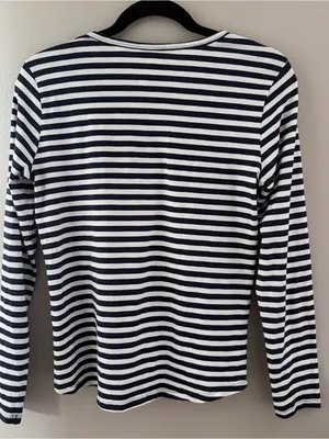Toad&Co Striped Long Sleeve V-Neck Top Medium Navy Blue White Organic Cotton thumbnail 3