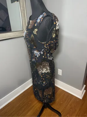 VTG Y2K Cache Floral Sequin Black Sparkle Sheath Cocktail Dress Medium. thumbnail 4