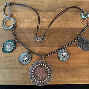 Long mixed metal coin medallion charm necklace thumbnail 2