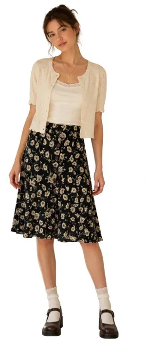 Vintage Express Floral A-Line Button Front Skirt Womens Medium Black Cottagecore thumbnail 1