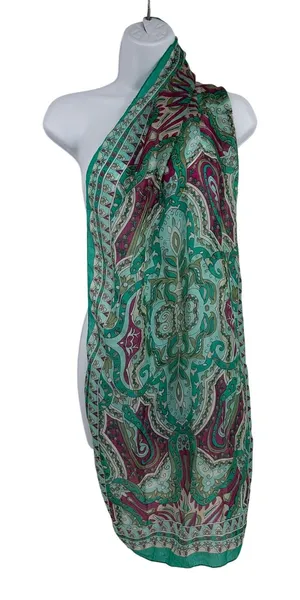100% Silk Long Rectangle Paisley Scarf Wrap Shawl Teal Boho 18x66" Coastal READ thumbnail 1