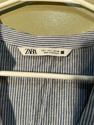 Zara Women's Size Large Mini Shirt Dress Blue White Stripes Crochet Belted Linen thumbnail 12