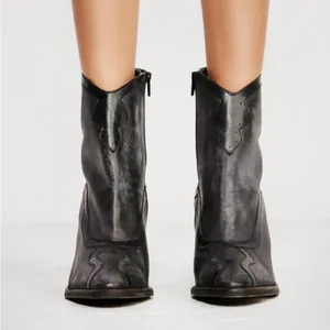 Free People Winding Road Heel Distressed Leather Ankle Boots Black/Grey Size 8 thumbnail 4