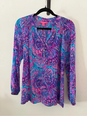 Lilly Pulitzer Silk Elsa Top Shelleidoscope Print Turquoise Oasis thumbnail 2