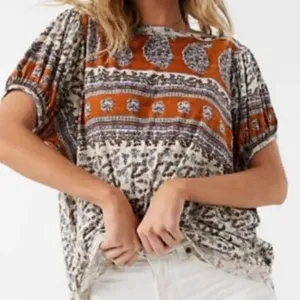 Free People Paisley Puff Sleeve Swing Boxy High Lo Frayed Hem Blouse Top S thumbnail 1