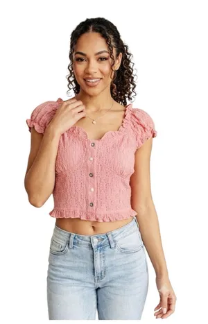POL In Fair Verona Button Up Crop Top Pink‎ Eyelet Ruffle Cap Sleeve Small thumbnail 1
